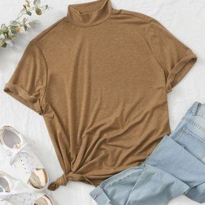 SHEIN Plus-Sized Turtleneck Short Sleeve Top Beige